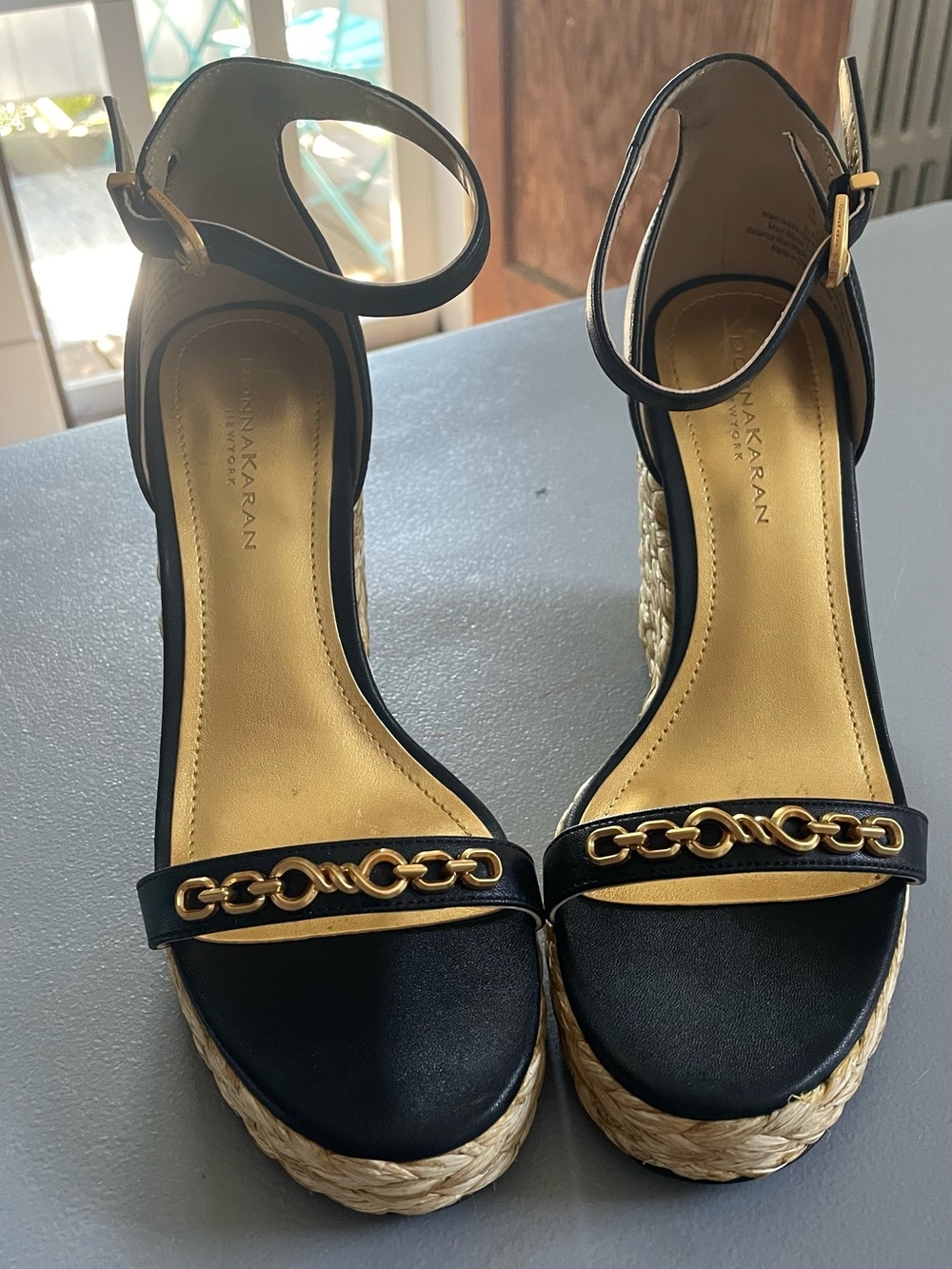 Donna Karen Black Wedge Sandals with Gold Chain